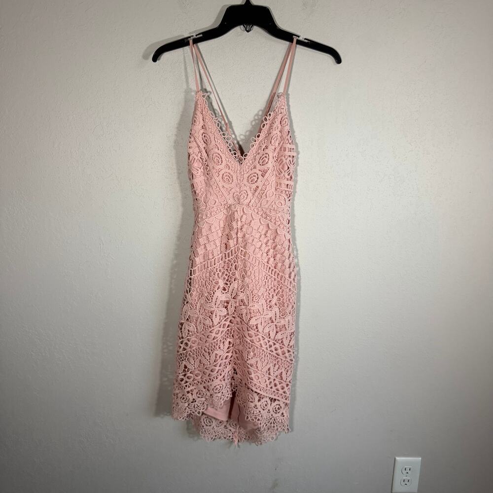 ASTR the Label Light Pink Lace Overlay V-Neck Mini Dress Womens S Coquette